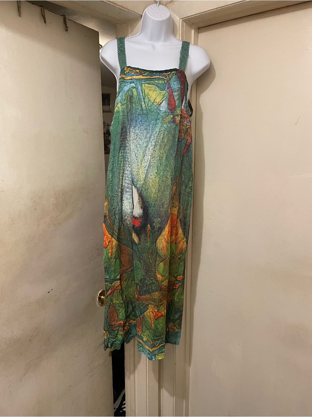 Women’s Multicolor Abstract Shift Midi Dress XL Regular Sleeveless Square Neck